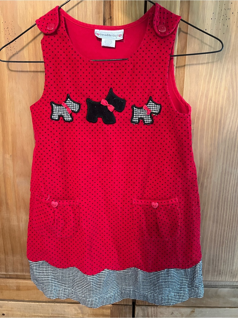 Y2K Samantha Says Red Polka Dot Girls Pinafore Dress Scottie Dog Corduroy Small